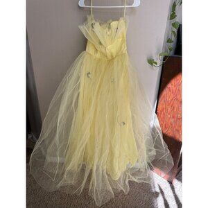 Yellow Strapless Formal Dress Sheer Tulle Overlay Floral Accents Spaghetti Strap
